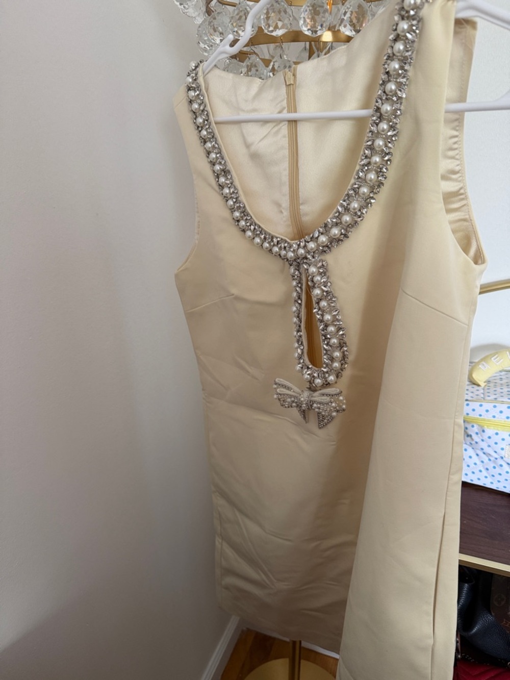 Embellished Cream Mini Dress with Jewel Neckline